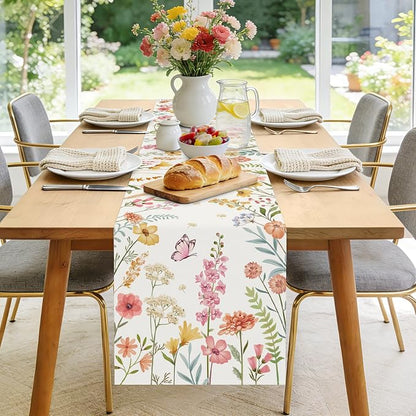 Bonhause Spring Floral Table Runner 13x72 Inch Pink Flowers Green Leaves - Image 2