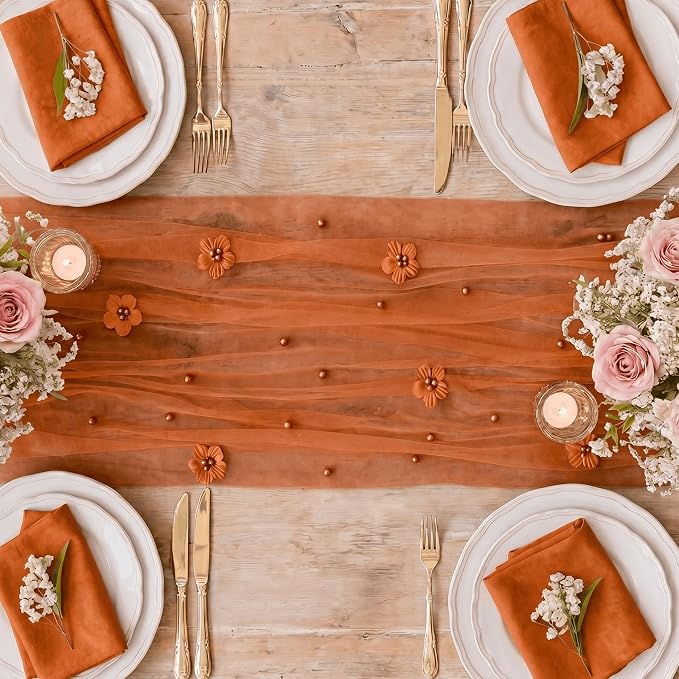 Artoid Mode Caramel Flower Pearl Pink Gauze Table Runner 10FT 6PC, Seasonal - Image 6