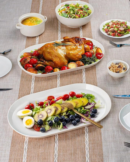 16" Large Serving Platter - Oval Large Serving Tray, Ceramic Turkey Platters, White Platters for Serving Food, Appetizers, Entertaining, Party, Set of 2