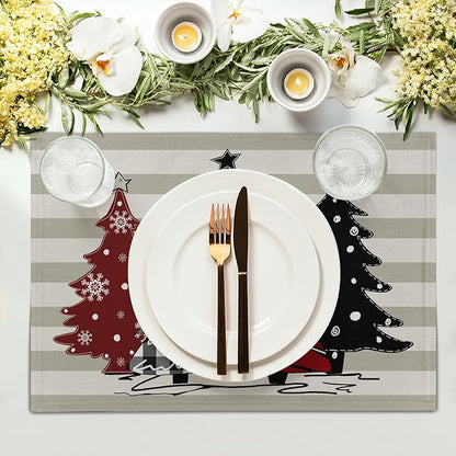Xmas Tree Placemats Set of 4 Red Black Buffalo Plaid Pine Tree Non-Slip Washable Place Mats Stripe Decoration Table Mats 12 x 18 Inch for Winter Tabletop Holiday Party