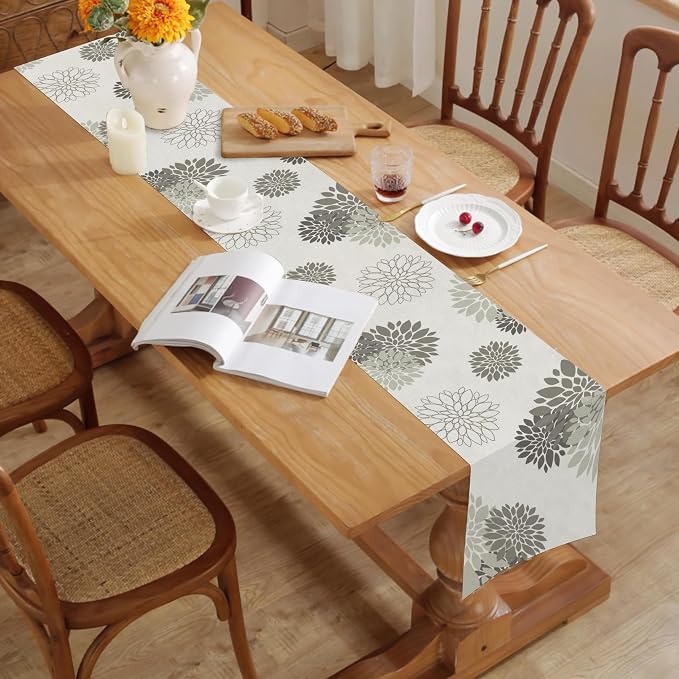 Gray Dahlia Table Runner Modern Elegant Flower Beige Table Runners Geometric - Image 3