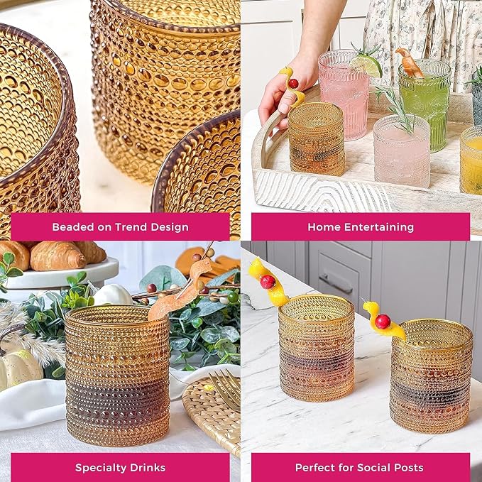 Kate Aspen Beaded Amber Drinking Glasses Set of 6-10 oz Vintage Glassware Set - Image 7