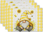 Summer Gnome Sunflowers Placemats Set of 4, Honey Butterfly Yellow White Buffalo Check Plaid Dining Table Place Mats 12 x 18 Inch Summer Seasonal Farmhouse Kitchen Home Decor