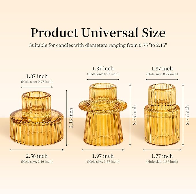 Taper Votive Candle Holder for Pillar Candles Tealight, Candlestick Holder for Wedding Christmas Tea Party, Boho Ribbed Vintage Crystal Glass Table Centerpiece Decor, Bulk Set of 6 (Amber)