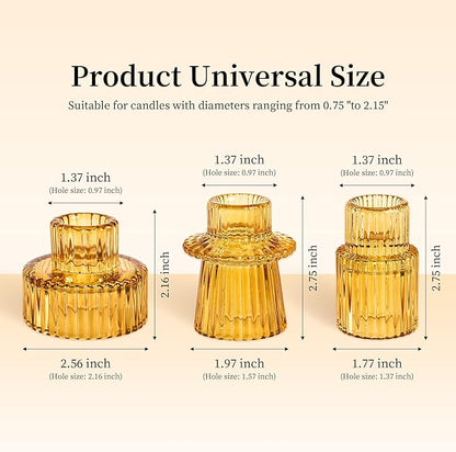 Taper Votive Candle Holder for Pillar Candles Tealight, Candlestick Holder for Wedding Christmas Tea Party, Boho Ribbed Vintage Crystal Glass Table Centerpiece Decor, Bulk Set of 6 (Amber)