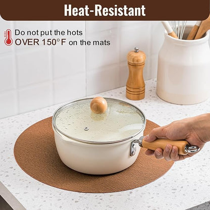 Jovono 15" Faux Leather Big Round Placemats Set of 6 - Washable Heat Resistant Non-Slip Dining Table Mats with Fabric Texture for Kitchen Home Party Decor, Brown
