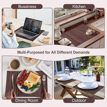 Bamboo Placemats with Fabric Border Set of 4 Natural Bamboo Rectangular Rolling Table Mats for Dining Kitchen Table Heat Resistant Table Protection Dark Brown