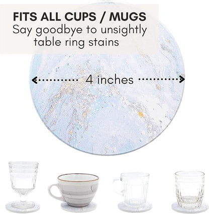 Ceramic Absorbent Coasters Set of 6 with Holder, Marble Drink Coasters for Coffee Table, Water-Absorbing Stone Coasters, White (Marble Design)
