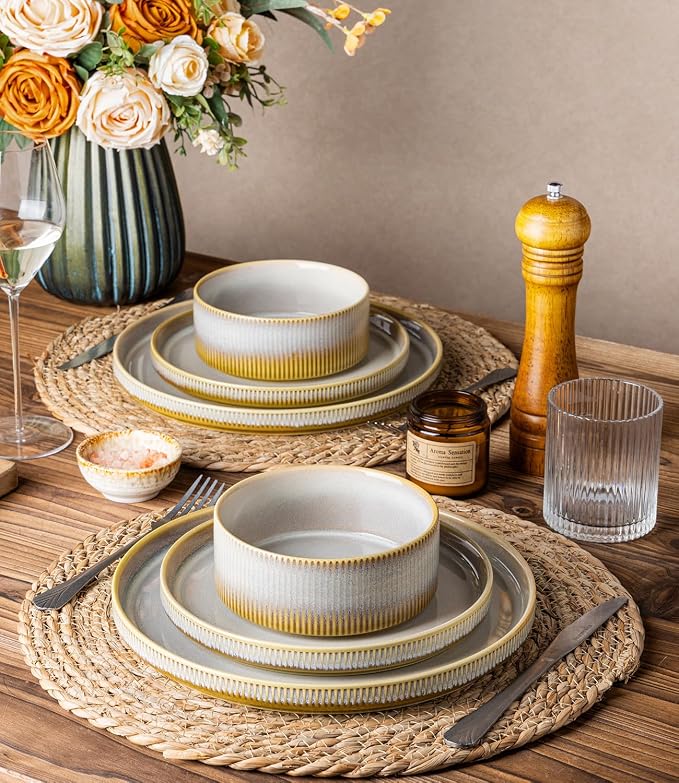 Ceramic Dinnerware Set for 4, 12-Piece Plates and Bowls Set | Lightweight - Image 6
