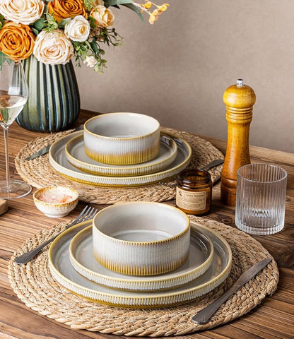 Ceramic Dinnerware Set for 4, 12-Piece Plates and Bowls Set | Lightweight - Image 6