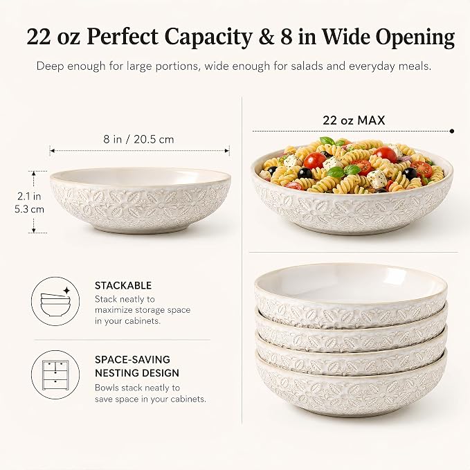 22 Oz Pasta Bowls Set of 4, Large Ceramic Serving Bowls, 8 inch Porcelain - Image 3