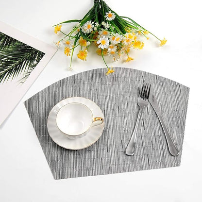 SHACOS Small Round Table Placemats Wedge Placemats with Centerpiece Round Placemat PVC Woven Table Mats Washable (7,Silver Grey)