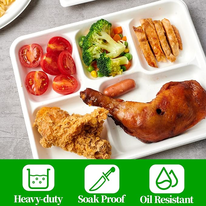 Compostable Disposable 5 Compartment Paper Plates, 10.25inch | 125 Pack - Image 6
