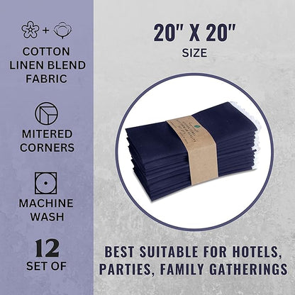 Fingercraft Dinner Cloth Napkin Cotton Linen Set of 12 Mitered Corners with Natural Elegant Lace for Everyday Use Napkins are Pre Shrunk and Good Absorbency with Lace 20x20 in Navy