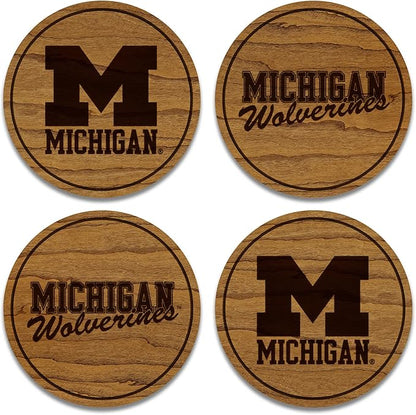 LazerEdge University of Michigan Wolverines Coaster Set - Cherry Wood - Officially Licensed Product - 4-Pack