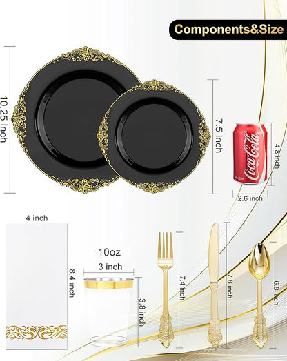 Nervure 350PCS Black Plastic Plates - Black Plastic Dinnerware Sets for 50 Guests - 100 Disposable Plates, 150 Gold Silverware, 50 Cups, 50 Napkins for Wedding & Party & New Year