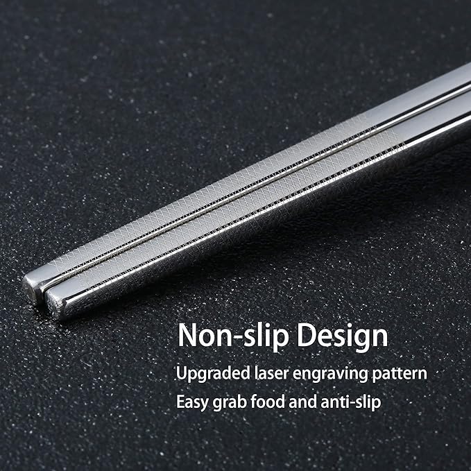 Stainless Steel Chopsticks Titanium Plated Metal Chopsticks Reusable Dishwasher safe Premium Japanese Korean Chopstick Laser Engraved Anti-slip Chop Sticks for Eating 2 Pairs Gift Set Black Silver