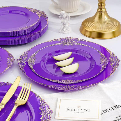 350 PCS Purple and Gold Plastic Plates, Plastic Dinnerware Set for 50 Guests, 100 Disposable Plates, 150 Silverwares, 50 Cups, 50 Napkins for Party, Wedding, Graduation