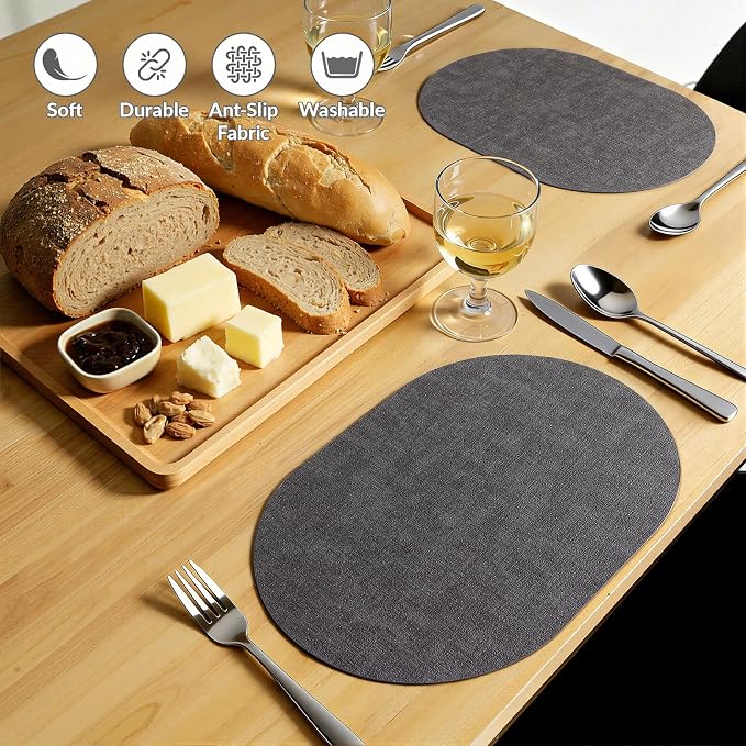 Placemats Set of 4, 11.8 x 17 Inch, Dark Grey | Heat Resistant Oval Faux - Image 6