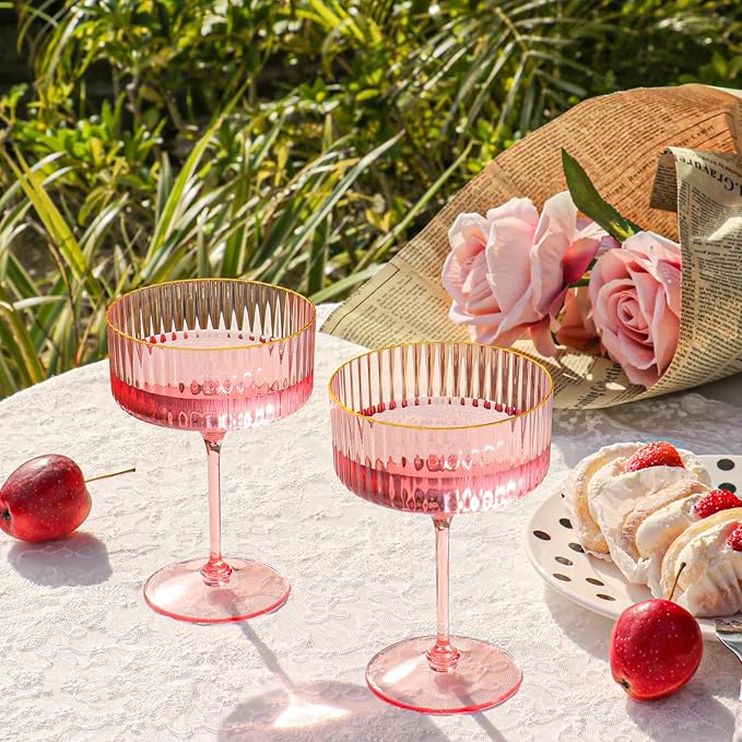 12 PCS Ribbed Coupe Glasses Pink Plastic Champagne Coupe Cup 10oz Detachable Gold Rim Espresso Martini Glass Vintage Margarita Glassware Cocktail Glass for Wedding Bachelorette Party