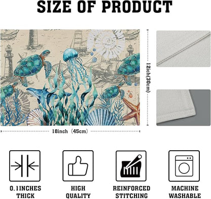 Nautical Placemats Set of 4 - Vintage Coastal Place Mats 12x18 Sea Turtle Table Mats Beach Kitchen Mats for Party Dining Table