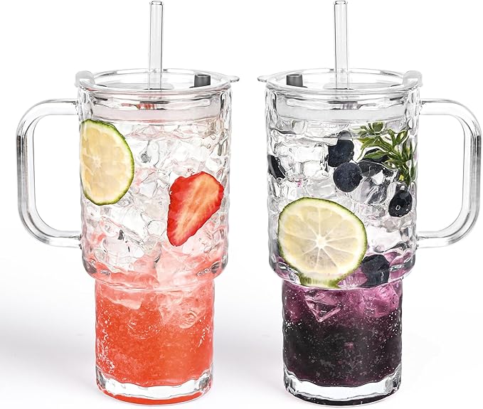 17oz Glass Tumbler with Handle & Lid – 2-Pack Iced Coffee Cups with Straws by Unknown