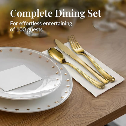 Prestee 400 Pieces Gold Silverware Set for 100 Guests - Premium Pre Rolled Disposable Plastic Silverware Set with Napkins - Wrapped Utensils with Forks, Knives, Spoons, Napkins for Weddings and Events