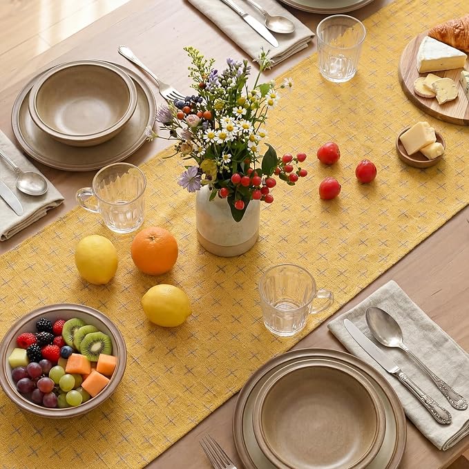 Artoid Mode Yellow Cross-Star Textured Table Runner, Seasonal Waterproof Rustic - Image 4