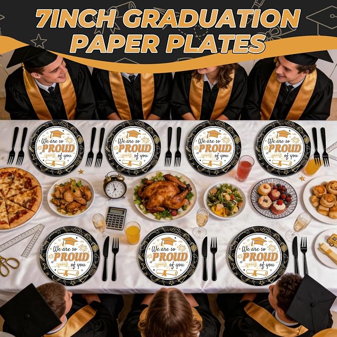 2026 Graduation Plates 7 Inch 40Pcs Black and Gold Disposable Paper Plates - Image 5