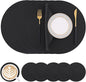 Homaxy Round Faux Leather Placemats and Coasters, Washable Dual-Side Table Mats, Wipeable Heat-Resistant Dining Place Mats for Outdoor and Indoor, Set of 6, Diameter 13 and 3.93 inch, Black