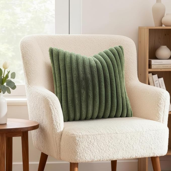decorUhome Cozy Faux Fur Spring Throw Pillow Covers 16x16 Set of 2 Decorative Soft Plush Striped Modern Farmhouse Boho Couch Pillow Cases with Velvet Back for Sofa Bed Living Room, Olive Green
