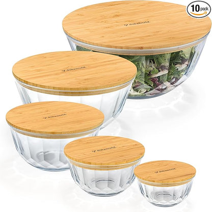Large Stackable Set of 5 Nesting Glass Bowls with Bamboo Lids for Foodprep, Storage, Baking, Sourdough Mixing & Cooking. Microwave & Oven Safe Heat Resistant Inert Borosilicate Glass