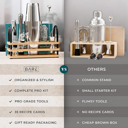 BARE BARREL® Mixology Bartender Kit Bar Set | 14-Piece Cocktail Shaker Set | Martini Barware Mixing Tools for Home Bartending | 35 Recipe Cards | Gift Set (28oz Boston Shaker, Silver/Natural)