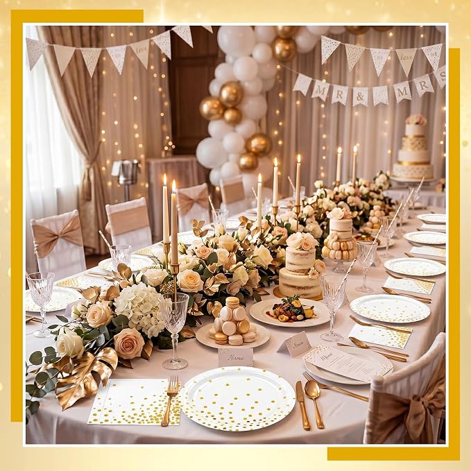 NatNarr 25 Set White Gold Plates and Napkins Set, 6.5" Napkins, Party Plates - Image 5