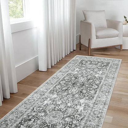 Grey Rug Runner 3x7 Ft Washable Hallway Runner Rug Runner Non-Slip Boho Vintage Runner Rugs with Rubber Backing Soft Distressed Carpet for Kitchen Bedroom