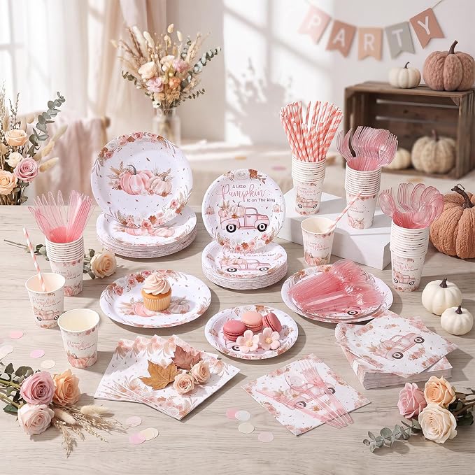 450 Pcs Little Pumpkin Baby Shower Set Decorations, Serves 50 | Pink A Little - Image 6