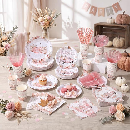 450 Pcs Little Pumpkin Baby Shower Set Decorations, Serves 50 | Pink A Little - Image 6
