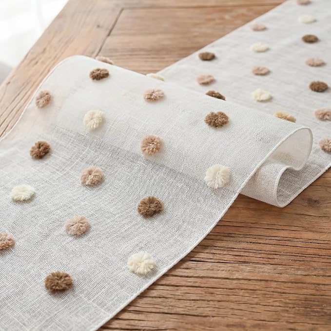 Artoid Mode Beige Coffee Brown Pom Pom Tulle Table Runner, Seasonal Washable - Image 6