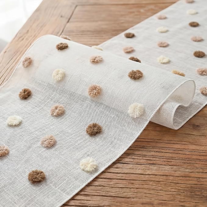 Artoid Mode Beige Coffee Brown Pom Pom Tulle Table Runner, Seasonal Washable - Image 6