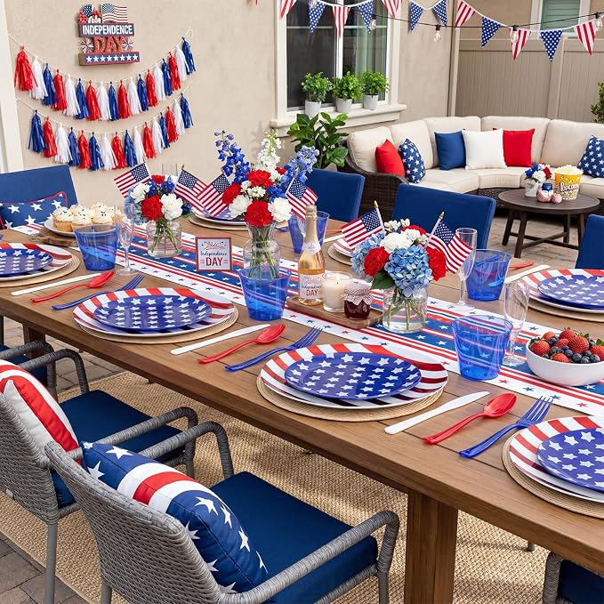KIRE 150PCS 4th of July Plates & Red White Blue Disposable Plastic Silverware - Image 4