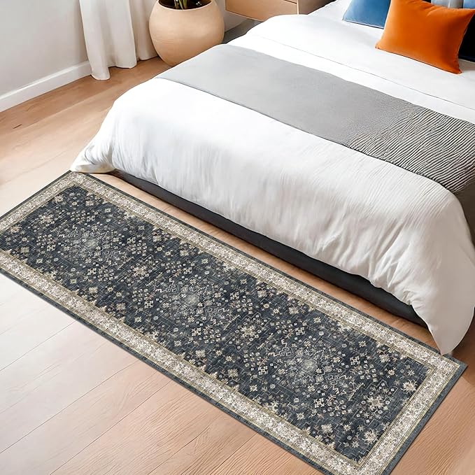 Black Boho Washable 2x6 Runner Rugs for Hallway Kitchen Bedroom Beside Laundry Room Bathroom Rug, Pet & Kids Friendly, Non Slip Low Pile Stain Resistant Soft Foldable Long 24 x 72 Floor Carpet