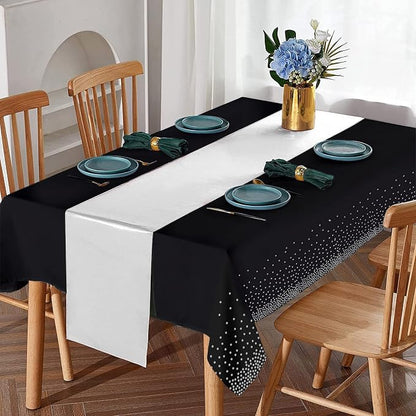 24Pack Disposable Plastic Tablecloths and Satin Table Runner Set Black and - Image 4