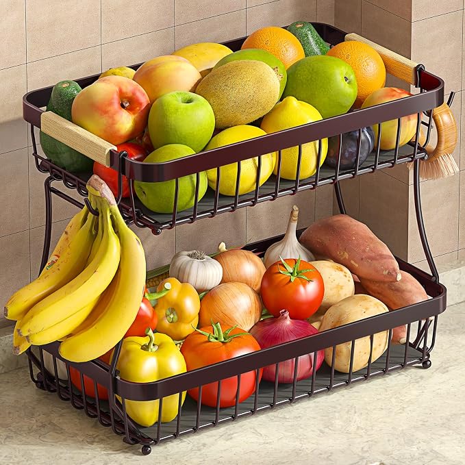 2-Tier Fruit Basket with Banana Hangers, Detachable Metal Bowl | Wooden handle by Sevenblue