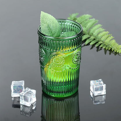 Joeyan Green Vintage Drinking Glasses, Embossed Ribbed Water Glass Cups - Image 4