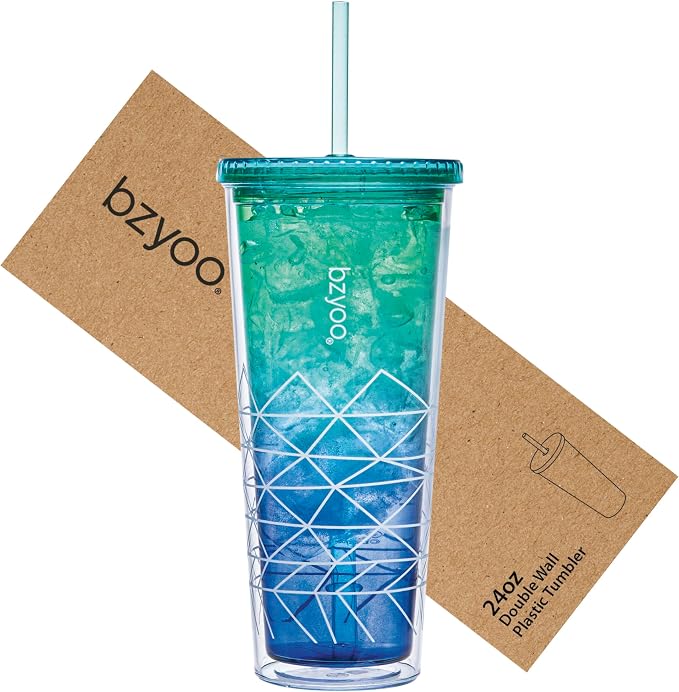 bzyoo 24oz Plastic Tumbler Cup, Lid & Straw, Iced Coffee, Spidy Blue by bzyoo