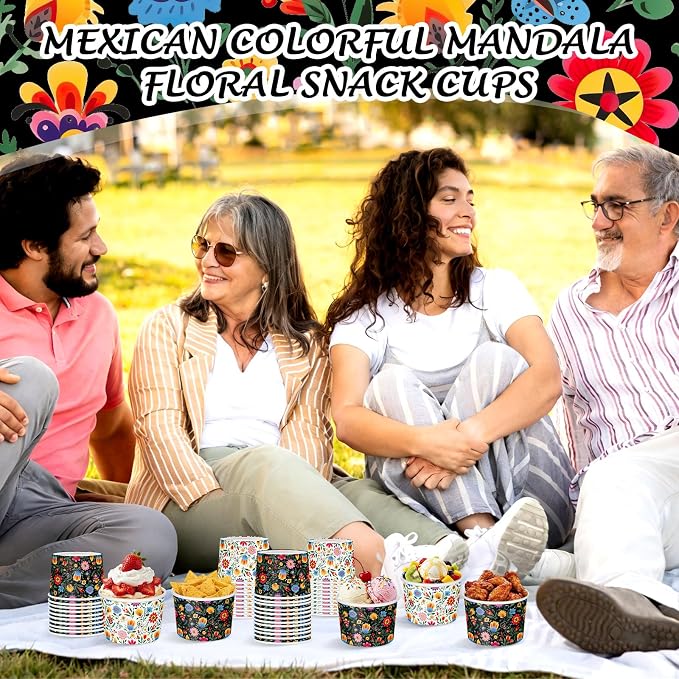 CHENGU 60 Pcs Mexican Colorful Flowers Snack Cups 9 oz Disposable Mexican - Image 6