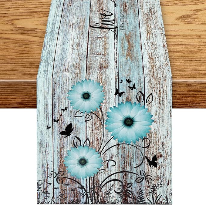 Daisy Floral Table Runner, Rustic Blue Wild Flowers Floral Wooden Boho by Unknown