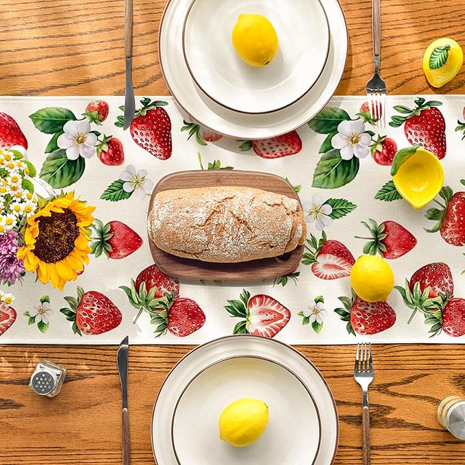 Artoid Mode Strawberry Wildflowers Fruit Spring Summer Table Runner, Seasonal - Image 3