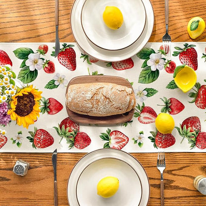 Artoid Mode Strawberry Wildflowers Fruit Spring Summer Table Runner, Seasonal - Image 3
