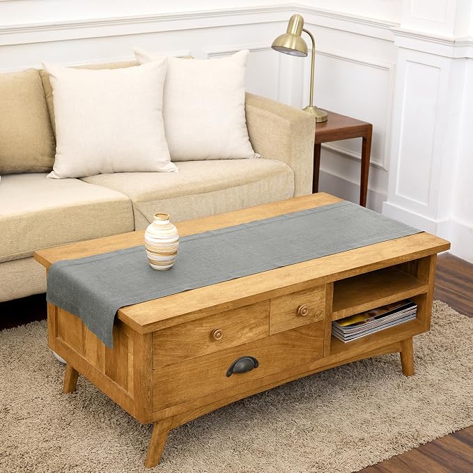 Solino Home 100% Pure Linen Table Runner Gray, Classic Hemstitch 14 x 48 in | by SolinoHome